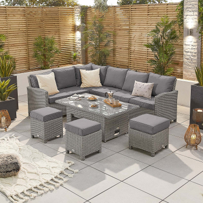 Ciara L-Shaped Corner Rattan Lounge Dining Set with 3 Stools - Left Handed Rising with Parasol Hole Table in White Wash