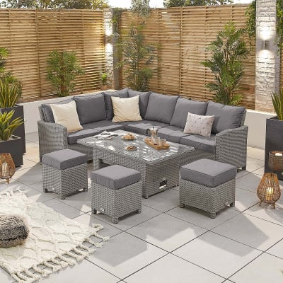 Ciara L-Shaped Corner Rattan Lounge Dining Set with 3 Stools - Left Handed Rising Table in White Wash