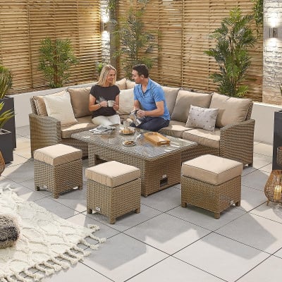 Ciara L-Shaped Corner Rattan Lounge Dining Set with 3 Stools - Left Handed Rising Table in Willow