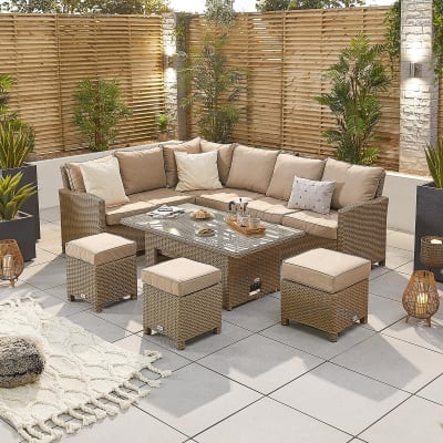 Ciara L-Shaped Corner Rattan Lounge Dining Set with 3 Stools - Left Handed Rising with Parasol Hole Table in Willow