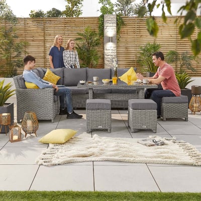 Ciara L-Shaped Corner Rattan Lounge Dining Set with 3 Stools - Left Handed Table in White Wash