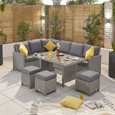 Ciara L-Shaped Corner Rattan Lounge Dining Set with 3 Stools - Left Handed Table in White Wash