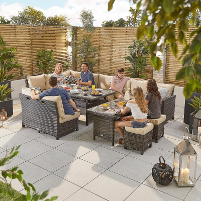 Cambridge L-Shaped Corner Rattan Lounge Dining Set with 3 Stools - Left Handed Add & Extending Table in Brown Rattan