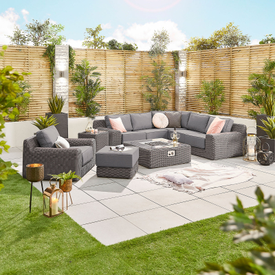 Luxor Rattan Corner Sofa Lounging Set with Square Fire Pit Coffee Table & Footstool & 1 Armchair in Slate Grey