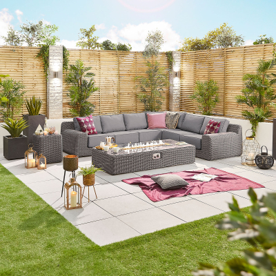 Luxor Rattan L-Shaped Corner Sofa Lounging Set with Rectangular Fire Pit Coffee Table & No Additionals in Slate Grey