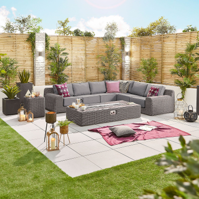 Luxor Rattan L-Shaped Corner Sofa Lounging Set with Rectangular Fire Pit Coffee Table & No Additionals in Slate Grey