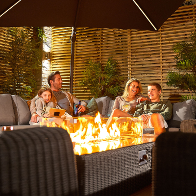 Luxor Rattan Corner Sofa Lounging Set with Square Fire Pit Coffee Table & Footstool & 1 Armchair in Slate Grey