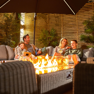 Luxor Rattan L-Shaped Corner Sofa Lounging Set with Rectangular Fire Pit Coffee Table & Footstool in White Wash