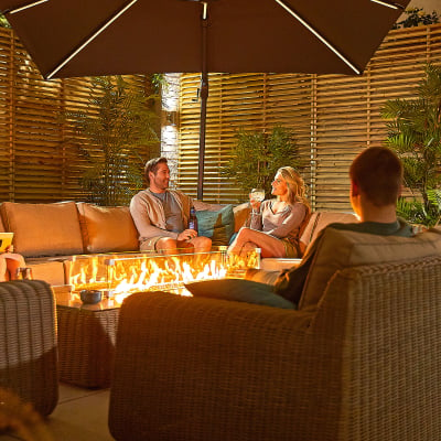 Luxor Rattan L-Shaped Curved Corner Sofa Lounging Set with Rectangular Fire Pit Coffee Table & 1 Armchair in Willow