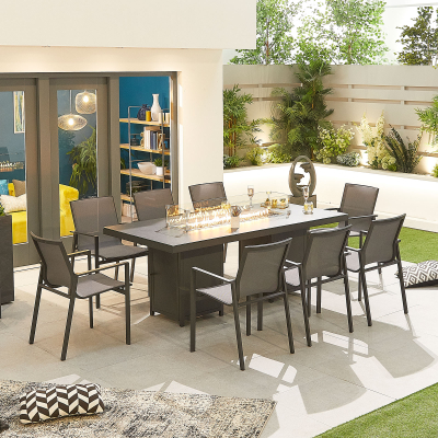 Milano 8 Seat Aluminium Dining Set - Rectangular Gas Fire Pit Table in Graphite Grey