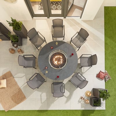 Milano 8 Seat Aluminium Dining Set - Round Gas Fire Pit Table in Graphite Grey