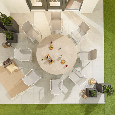 Milano 8 Seat Aluminium Dining Set - Round Table in Chalk White