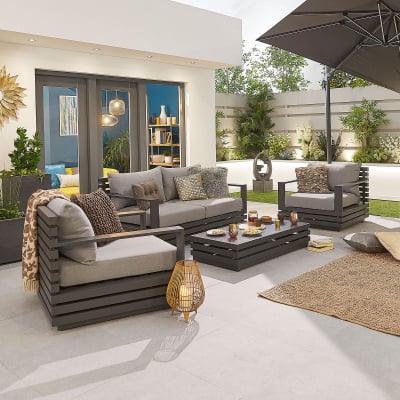 San Marino Aluminium 2 Seater Sofa Lounging Set with Rectangular Coffee Table & 2 Armchairs in Graphite Grey