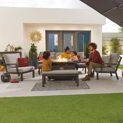 Vogue 3 Seater Aluminium Lounge Dining Set with 2 Armchairs and Bench - Gas Fire Pit Table in Graphite Grey