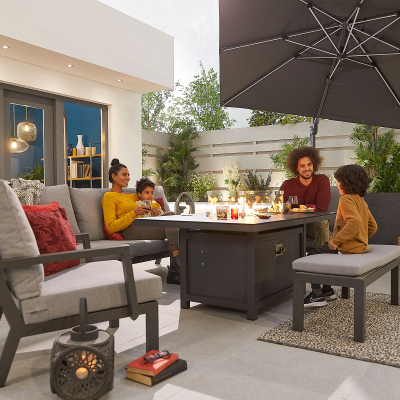 Vogue 3 Seater Aluminium Lounge Dining Set with 2 Armchairs and Bench - Gas Fire Pit Table in Graphite Grey