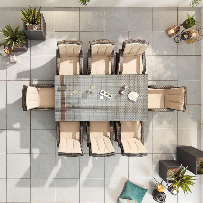 Olivia 8 Seat Rattan Dining Set - Rectangular Table in Brown Rattan