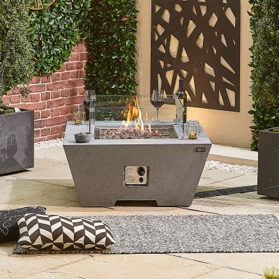 Perth Square GRC Gas Fire Pit Table with Windguard in Light Grey