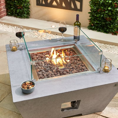 Perth Square GRC Gas Fire Pit Table with Windguard in Light Grey