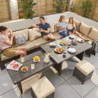 Cambridge L-Shaped Corner Rattan Lounge Dining Set with 3 Stools - Right Handed Add & Extending Table in Brown Rattan