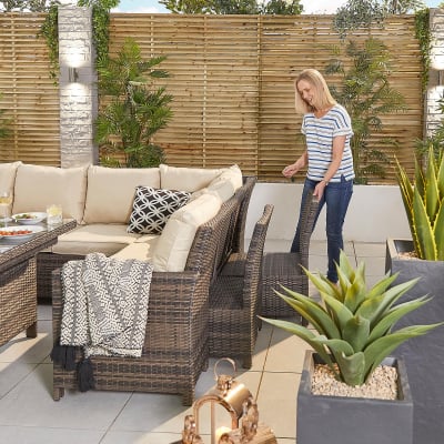 Cambridge L-Shaped Corner Rattan Lounge Dining Set with 3 Stools - Right Handed Extending Table in Brown Rattan