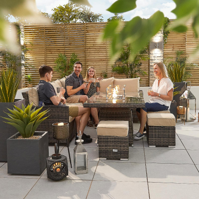 Cambridge L-Shaped Corner Rattan Lounge Dining Set with 3 Stools - Right Handed Gas Fire Pit Table in Brown Rattan