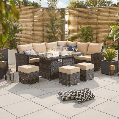 Cambridge L-Shaped Corner Rattan Lounge Dining Set with 3 Stools - Right Handed Gas Fire Pit Table in Brown Rattan