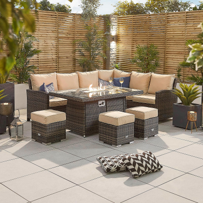 Cambridge L-Shaped Corner Rattan Lounge Dining Set with 3 Stools - Right Handed Gas Fire Pit Table in Brown Rattan