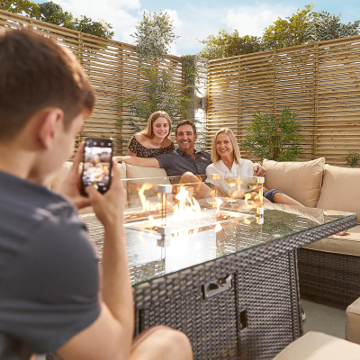 Cambridge L-Shaped Corner Rattan Lounge Dining Set with 3 Stools - Right Handed Gas Fire Pit Table in Brown Rattan