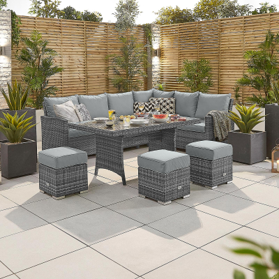 Cambridge L-Shaped Corner Rattan Lounge Dining Set with 3 Stools - Right Handed Table in Grey Rattan