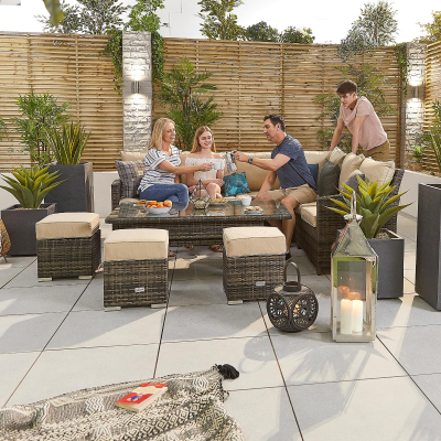 Cambridge L-Shaped Corner Rattan Lounge Dining Set with 3 Stools - Right Handed Rising Table in Brown Rattan