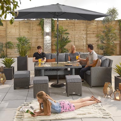 Ciara L-Shaped Corner Rattan Lounge Dining Set with 3 Stools - Right Handed Parasol Hole Table in Slate Grey