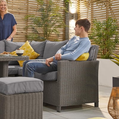 Ciara L-Shaped Corner Rattan Lounge Dining Set with 3 Stools - Right Handed Parasol Hole Table in Slate Grey