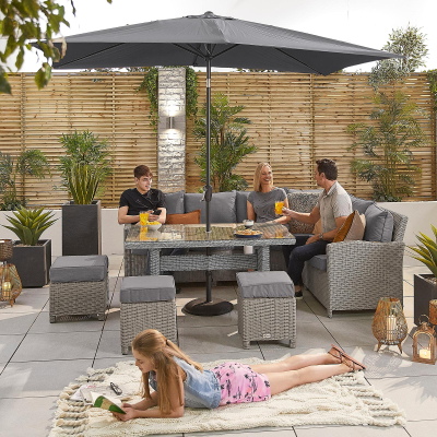 Ciara L-Shaped Corner Rattan Lounge Dining Set with 3 Stools - Right Handed Parasol Hole Table in White Wash