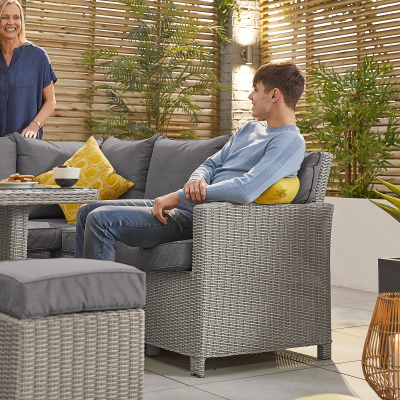 Ciara L-Shaped Corner Rattan Lounge Dining Set with 3 Stools - Right Handed Parasol Hole Table in White Wash