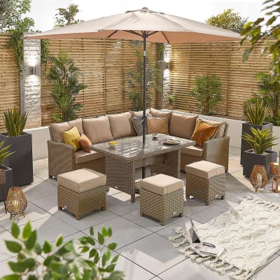 Ciara L-Shaped Corner Rattan Lounge Dining Set with 3 Stools - Right Handed Parasol Hole Table in Willow