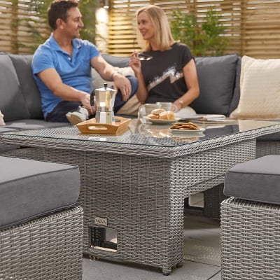 Ciara L-Shaped Corner Rattan Lounge Dining Set with 3 Stools - Right Handed Rising Table in White Wash