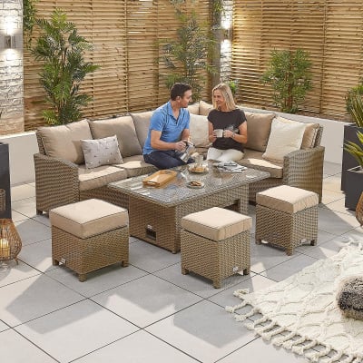 Ciara L-Shaped Corner Rattan Lounge Dining Set with 3 Stools - Right Handed Rising Table in Willow