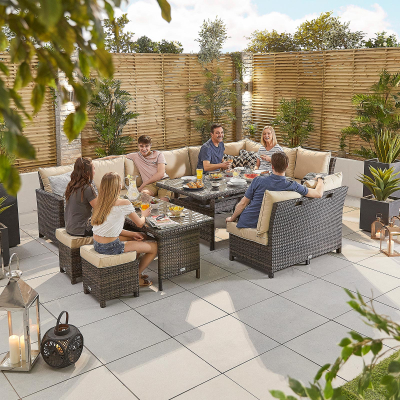 Cambridge L-Shaped Corner Rattan Lounge Dining Set with 3 Stools - Right Handed Add & Extending Table in Brown Rattan