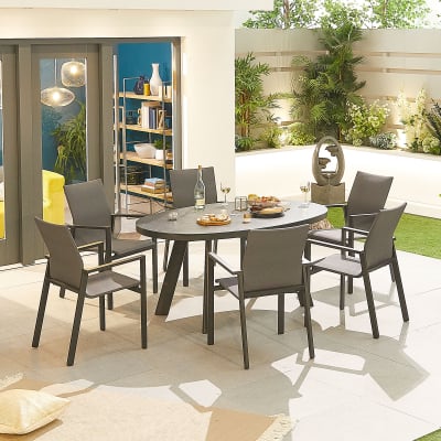 Roma 6 Seat Aluminium Dining Set - Oval Table in Graphite Grey