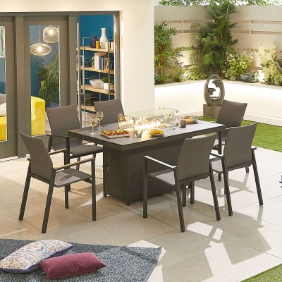 Roma 6 Seat Aluminium Dining Set - Rectangular Gas Fire Pit Table in Graphite Grey