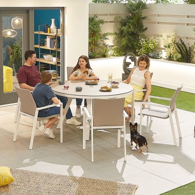 Roma 6 Seat Aluminium Dining Set - Round Table in Chalk White