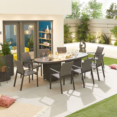 Roma 8 Seat Aluminium Dining Set - Oval Gas Fire Pit Table in Graphite Grey