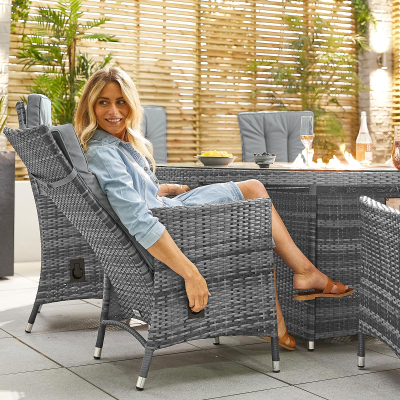 Ruxley 8 Seat Rattan Dining Set - Round Gas Fire Pit Table in Grey Rattan