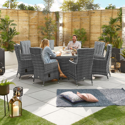 Ruxley 8 Seat Rattan Dining Set - Round Gas Fire Pit Table in Grey Rattan