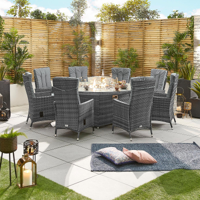 Ruxley 8 Seat Rattan Dining Set - Round Gas Fire Pit Table in Grey Rattan