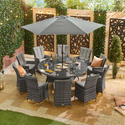 Sienna 10 Seat Rattan Dining Set - Round Ice Bucket Table in Grey Rattan