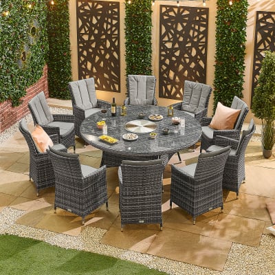 Sienna 10 Seat Rattan Dining Set - Round Ice Bucket Table in Grey Rattan