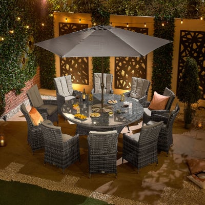 Sienna 10 Seat Rattan Dining Set - Round Ice Bucket Table in Grey Rattan