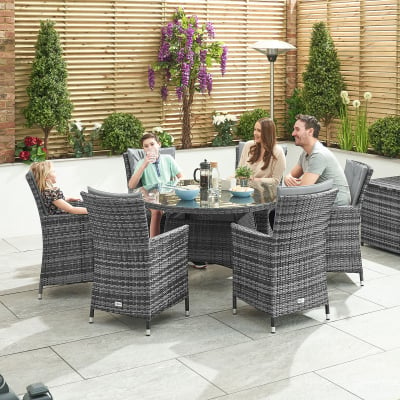 Sienna 6 Seat Rattan Dining Set - Round Table in Grey Rattan