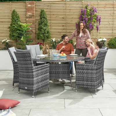 Sienna 6 Seat Rattan Dining Set - Round Ice Bucket Table in Grey Rattan